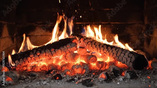 Burning firewood with flames and sparks in a stone hearth