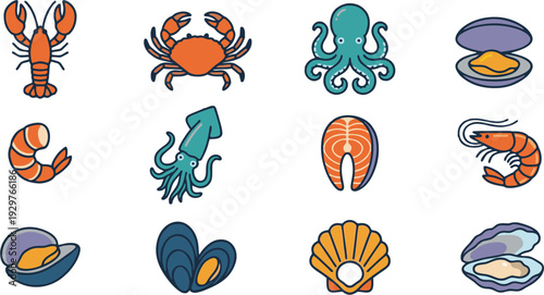Assorted marine life illustrations featuring crustaceans, mollusks, and cephalopods in various poses and colors on a white background, viewed from directly above.