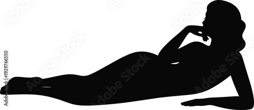 Black silhouette of a woman reclining in a relaxed side-lying pose isolated on white background for spa, wellness, and beauty concepts.