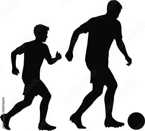 Black silhouettes of a father and son playing soccer together isolated on white background for family fitness and sports concepts.