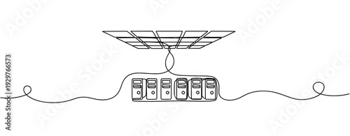 Solar panel connected to server rack via cable on floor. No editable stroke