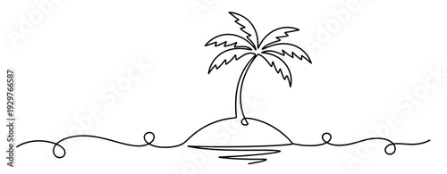 Palm tree standing solitary on tiny island in ocean scene. No editable stroke
