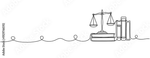 Scales and books resting on continuous line background. No editable stroke