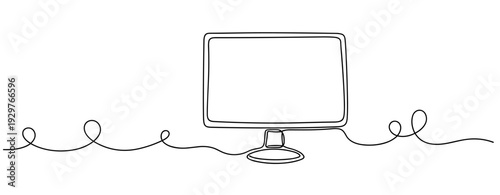 Desktop monitor connected by continuous cable on white background. No editable stroke