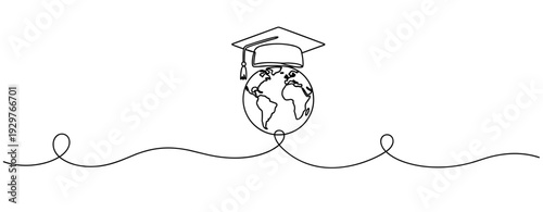 Graduation cap above globe symbolizing global education concept. No editable stroke