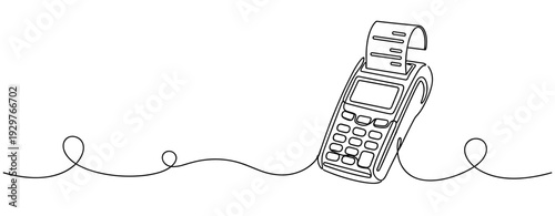 Payment terminal printing receipt on continuous line background. No editable stroke