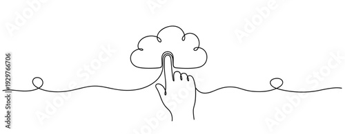 Hand touching cloud icon in minimal continuous line illustration. No editable stroke
