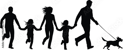 Black silhouettes of a happy family with two children and a dog running and holding hands on white background.