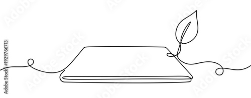 Laptop with leaf sprout indicating sustainable technology concept. No editable stroke