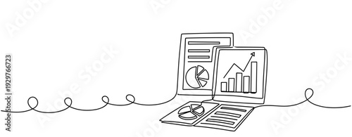 Laptop displaying analytics charts and reports on desk workspace. No editable stroke