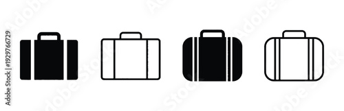 Set of four suitcase icons in different styles and color fills, representing travel and luggage