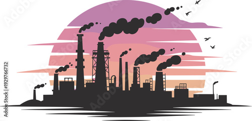 Industrial factory skyline with smokestacks emitting pollution at sunset, environmental pollution concept, climate change impact, urban industry silhouette illustration