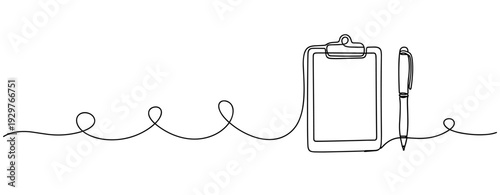 Clipboard and pen drawn in continuous line on white background. No editable stroke