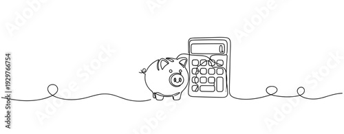 Piggy bank standing beside calculator in continuous line drawing. No editable stroke
