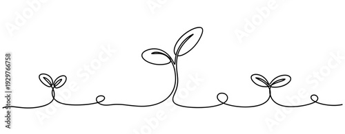 Seedling sprouts emerging along continuous line drawing. No editable stroke