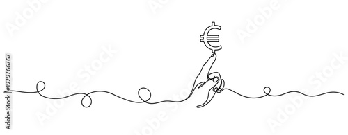 Hand balancing euro symbol above continuous line background. No editable stroke