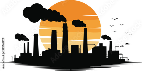 Industrial pollution factory silhouette at sunset, smokestacks emitting heavy smoke, climate change environmental crisis vector illustration concept