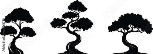 Japanese bonsai tree silhouettes collection, minimalist black vector illustration set, zen garden decorative plants isolated on white background
