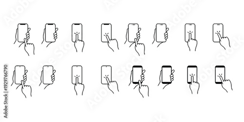 Set of hand holding and touching smartphone screen icons vector