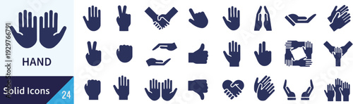 Set of hand gesture icons showing different signs and actions like peace thumbs up and handshake