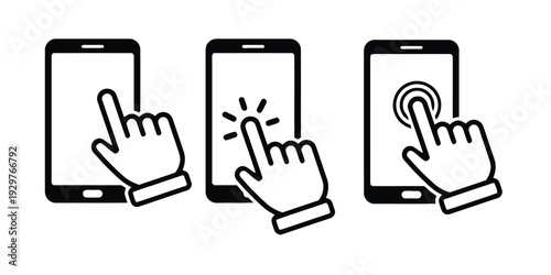 Set of hand icons interacting with smartphones for touch screen actions