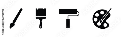 Set of painting tools and art supplies like paint brush roller and palette isolated on white background vector illustration