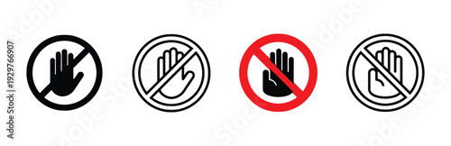Set of no entry hand prohibition signs with different styles and colors