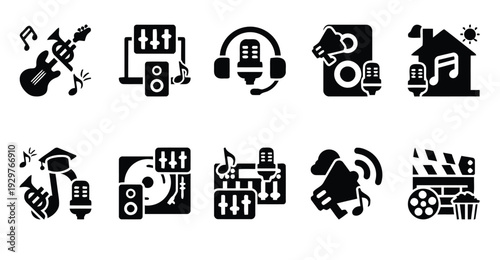 Set of music production and entertainment icons for digital platforms and sound engineering