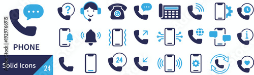 Set of phone and communication solid icons for customer support and business services
