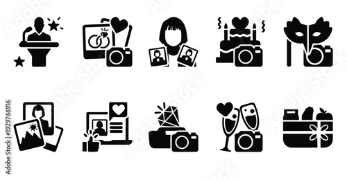 Set of photography and event icons celebrating special moments like weddings, birthdays, and achievements