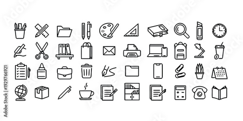 Set of office supplies and school stationery icons in hand drawn line art style