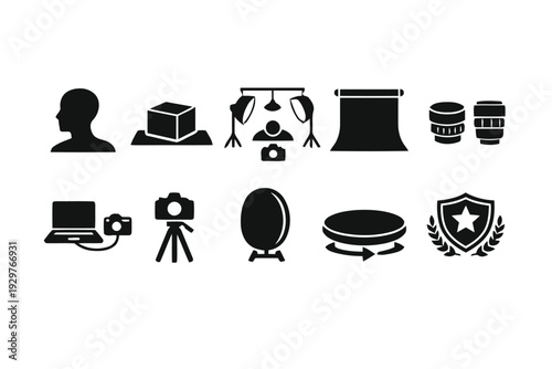 Set of photography studio equipment and accessories icons on white background