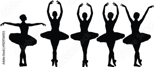 Black silhouettes of diverse ballerinas in tutus performing various classical ballet poses and graceful dance movements isolated on white.