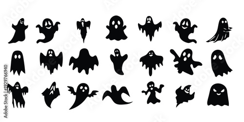 Set of playful black ghost silhouettes for Halloween decorations and spooky themes