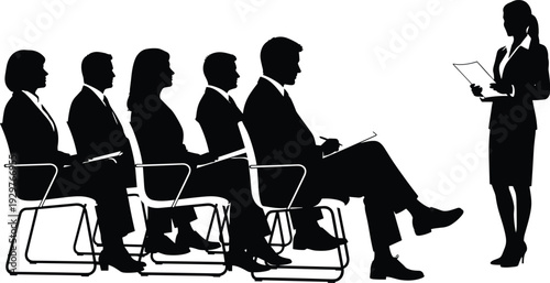 Black silhouettes of a professional businesswoman giving a presentation to a seated audience of diverse business executives in a boardroom.