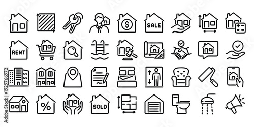 Set of real estate icons for sale or rent houses and homes with keys and documents