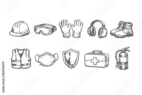Set of safety and personal protective equipment icons for work and construction