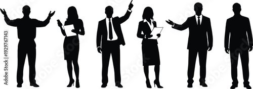 Black silhouettes of diverse business professionals in formal suits posing and presenting isolated on white background for corporate concepts.