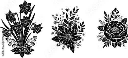 Black silhouette collection of botanical flower bouquets including daffodils and roses, floral arrangement design elements for wedding invitations, isolated set,
