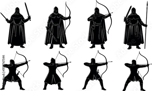Black silhouette set of medieval warriors including archers with bows knights with swords and spearmen for historical battle and fantasy themes