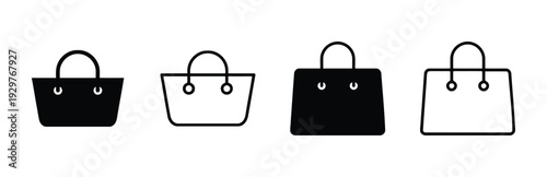 Shopping bag icons in solid black and outline styles for retail and e-commerce design