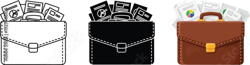 Collection of briefcases filled with documents representing business finance and legal concepts in vector illustration styles