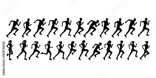 Silhouettes of male and female runners in various running poses