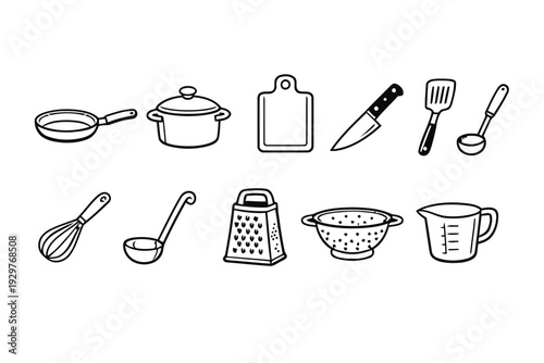 Sketch style kitchen utensils and cooking tools for culinary arts