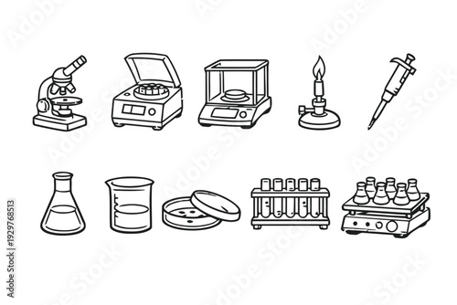 Sketchy icons for science laboratory equipment and research tools