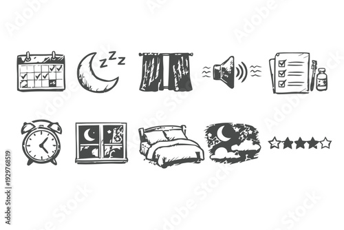 Sleep and nighttime icons with alarm clock moon bed and window with stars