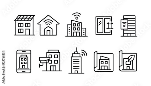 Smart home building icons showing modern architecture and connected services for residential and commercial spaces