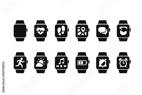 Smartwatch icons and functions, wearable technology and app symbols