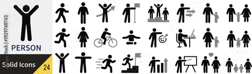 Solid icons illustrating people and human actions in various settings