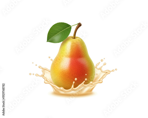 Detailed vector illustration of a fresh, ripe pear with a green leaf splashing dynamically into creamy, smooth liquid refreshment or juice.